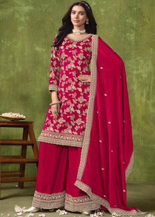 Crimson Red Woven Art Silk Palazzo Suit Set