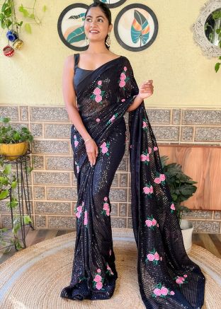 Black Embroidered Saree In Georgette