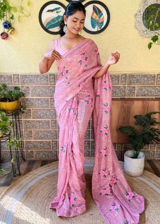 Pink Embroidered Saree In Georgette
