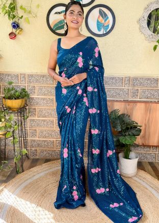 Blue Embroidered Saree In Georgette