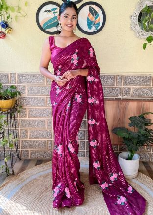 Magenta Embroidered Saree In Georgette