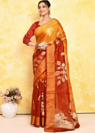Red & Yellow Woven Half N Half Silk Saree