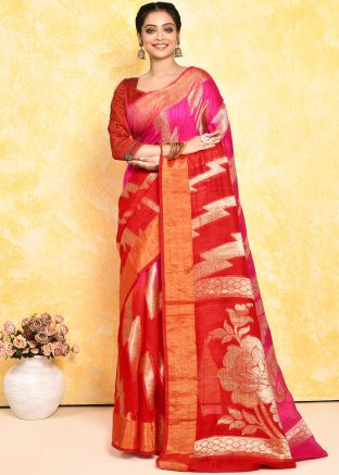 Red & Pink Woven Silk Saree In Half N Half