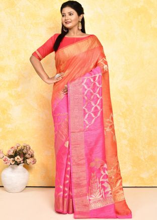 Pink & Orange Half n Half Silk Saree In Woven Work