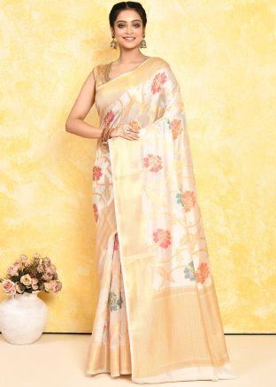 Beige Silk Saree In Zari Woven Work
