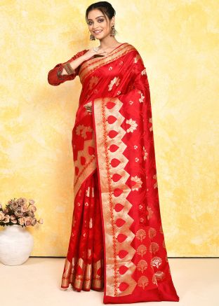 Red Zari Woven Detailed Saree In Silk