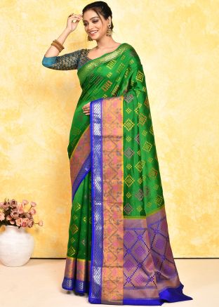 Green Woven Detailed Silk Saree & Blouse