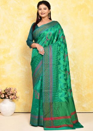 Green Woven Detailed Saree In Pure Silk