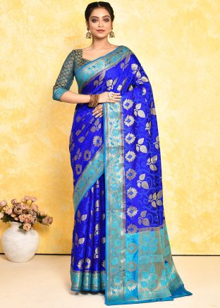 Blue Woven Work Silk Saree In Heavy Pallu