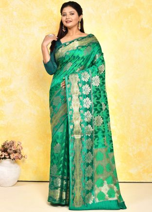 Green Woven Detailed Silk Saree & Blouse