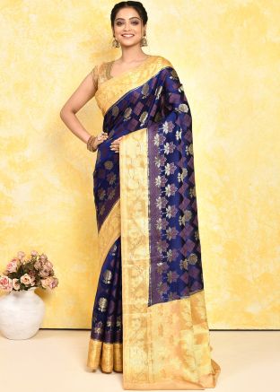 Blue Zari Woven Detailed Saree In Pure Silk
