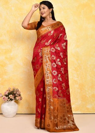 Red Pure Silk Saree In Woven Work