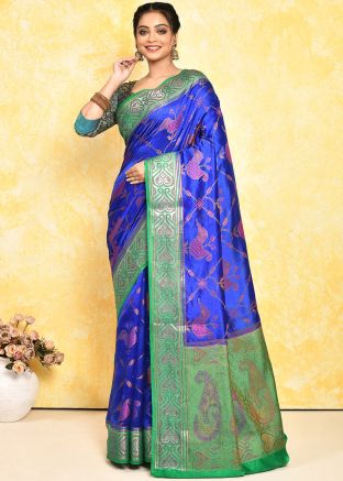 Blue Woven Work Silk Saree In Heavy Pallu