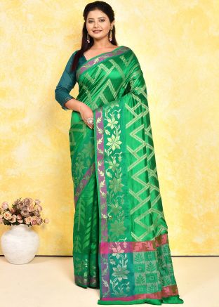 Green Woven Detailed Saree In Pure Silk