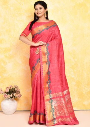 Crimson Red Silk Saree In Zari Woven Work