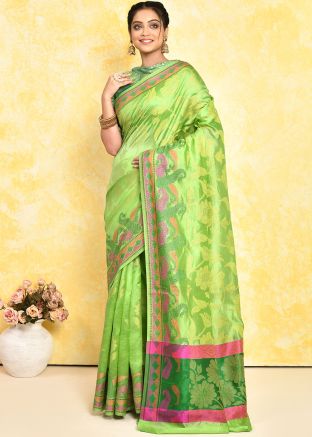 Green Woven Detailed Silk Saree & Blouse