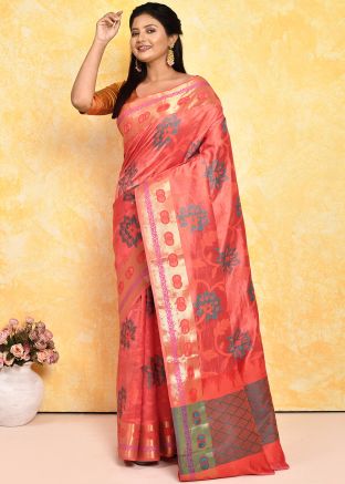 Peach Zari Woven Silk Saree & Blouse
