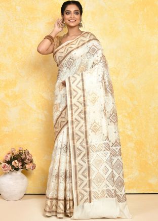 Off White Zari Woven Detailed Saree In Silk
