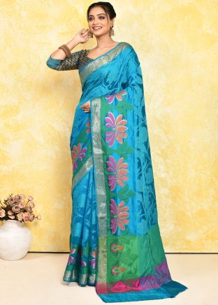 Blue Zari Woven Detailed Pure Silk Saree 