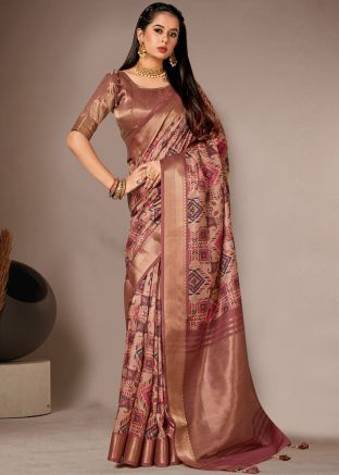 Brown Bhagalpuri Silk Digital Printed Saree