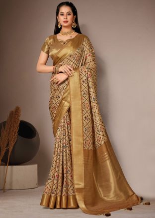 Golden Printed Bhagalpuri Silk Saree & Blouse