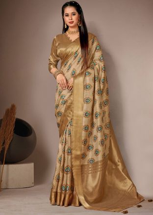 Golden Digital Printed Bhagalpuri Silk Saree 