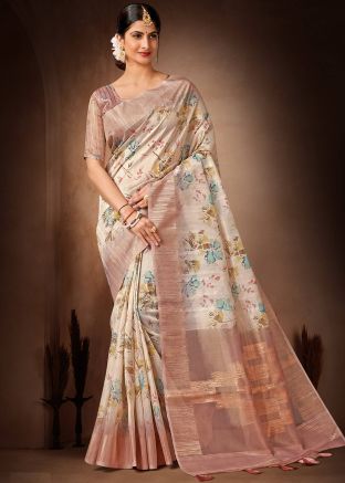 Beige Printed Organza Saree