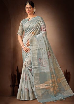 Pastel Blue Printed Organza Saree & Blouse