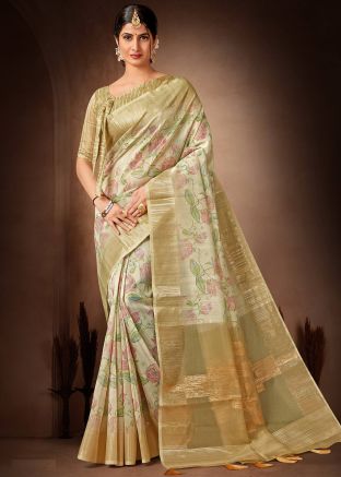 Green Floral Print Organza Saree