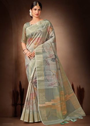 Grey Organza Saree In Floral Print