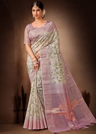 Pink Printed Saree In Organza