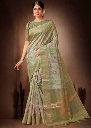 Pastel Green Printed Organza Saree & Blouse