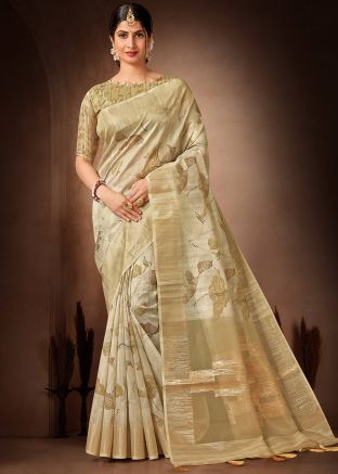 Green Floral Print Organza Saree
