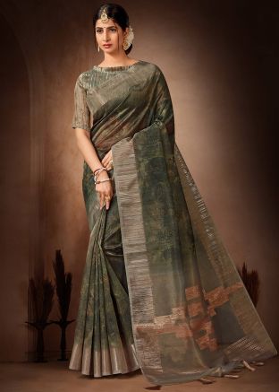Green Organza Printed Saree & Blouse