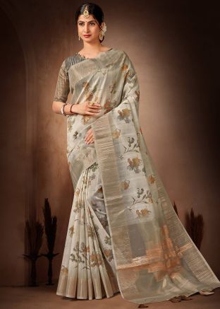 Grey Organza Saree In Floral Print
