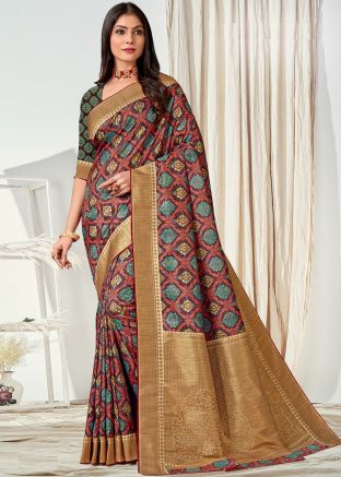 Multicolor Digital Printed Saree In Tussar Silk