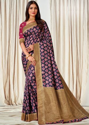 Wine Digital Printed Tussar Silk Saree