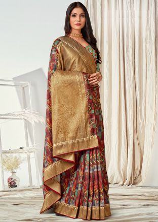 Multicolor Printed Tussar Silk Saree & Blouse