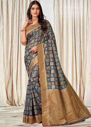 Blue Tussar Silk Saree In Digital Print