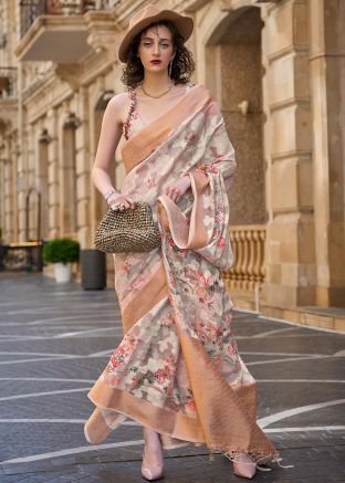 Beige Brasso Work Saree In Art Silk