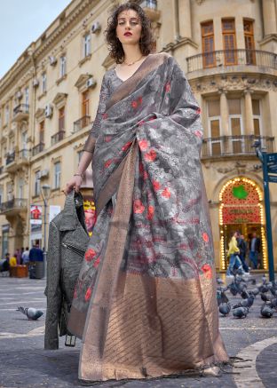 Grey Brasso Work Art Silk Saree 