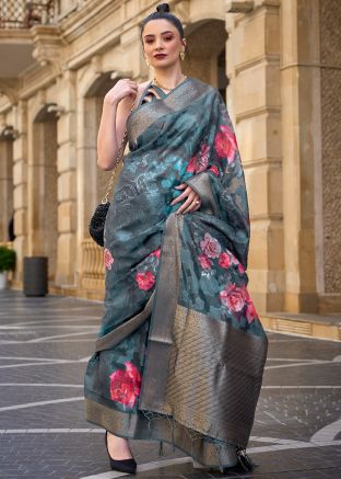 Blue Brasso Work Saree In Art Silk