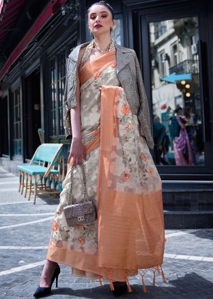 Off White Brasso Work Art Silk Saree 