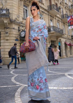 Pastel Blue Art Silk Saree In Brasso Work
