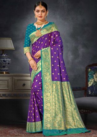 Purple Woven Detailed Saree In Art Silk