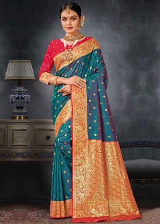 Teal Blue Zari Woven Work Art Silk Saree 