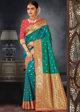 Teal Green Art Silk Saree In Woven Work