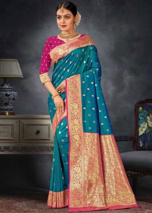 Blue Zari Woven Work Saree In Art Silk