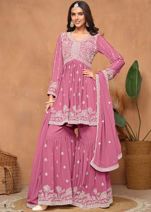 Pink Dori Embroidered Georgette Gharara Suit