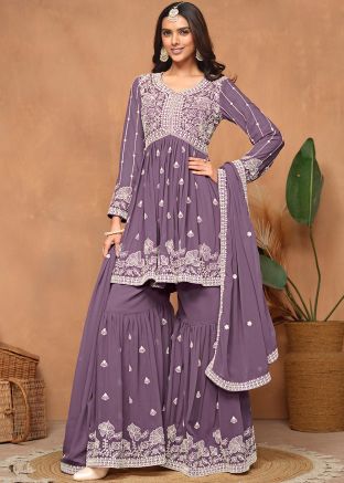 Purple Dori Embroidered Gharara Suit In Georgette